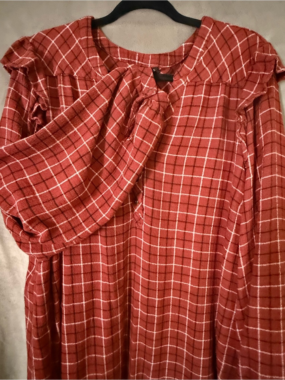 torrid Rust Red Plaid Ruffle-Yoke Henley Tunic - Picture 2 of 7